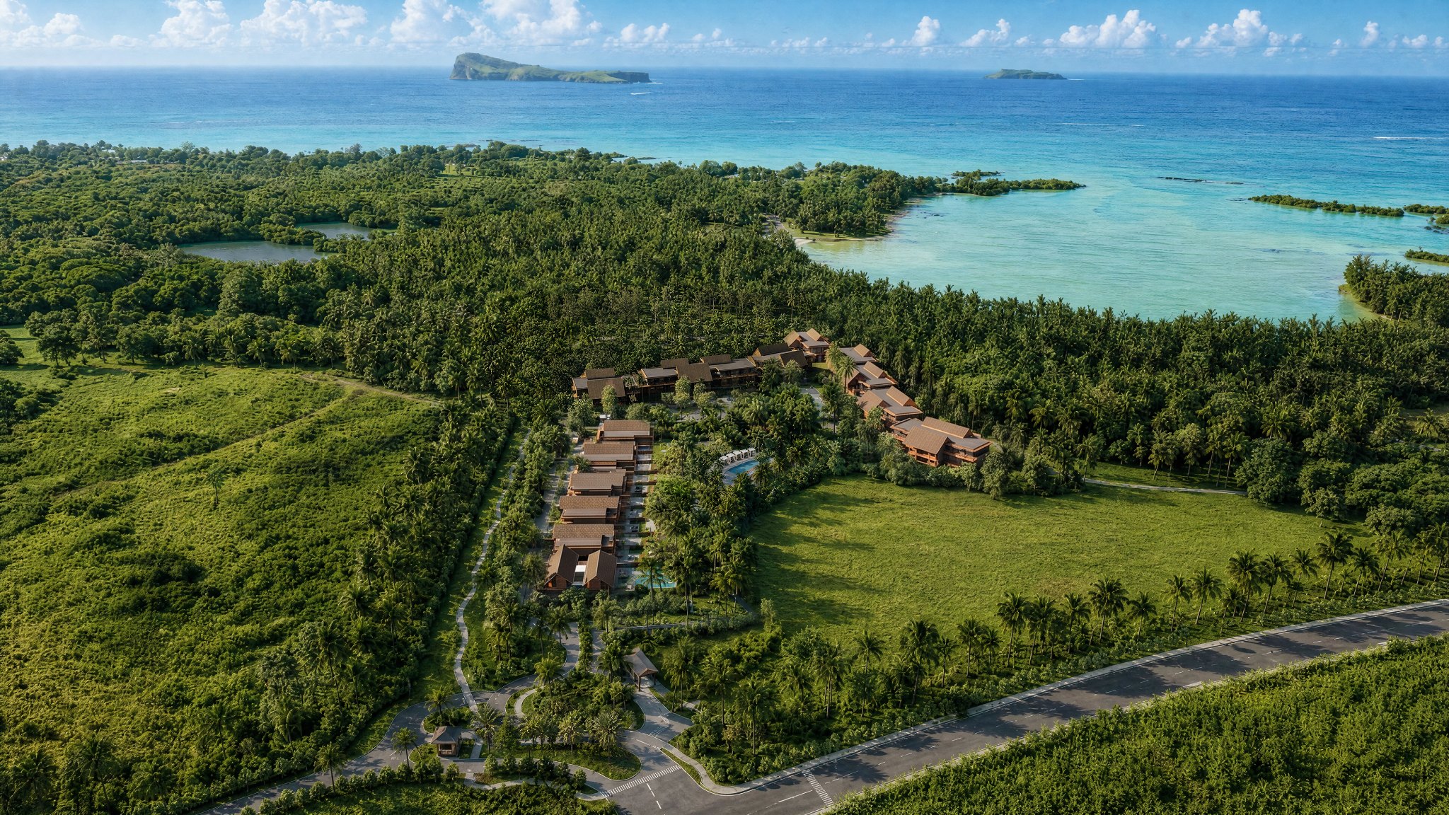 Aerial masterplan view of Quartier du Levant facing the lagoon and Coin de Mire